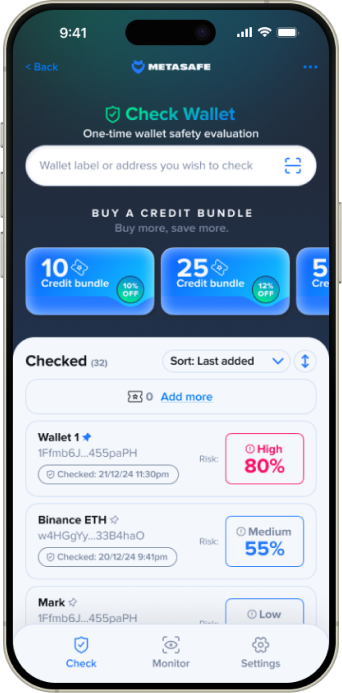 Metasafe app interface showing risk assessment