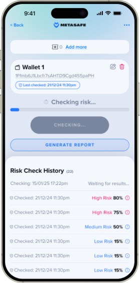 Metasafe app screenshot showing wallet analysis