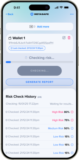 iPhone displaying Metasafe app interface with wallet check results